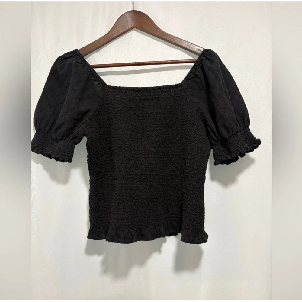 Madewell Lucie Smocked Top Medium Black Puff Sleeve Square Neck Cottagecore